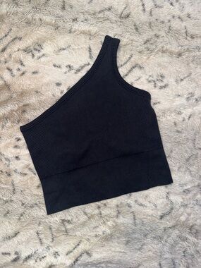 Asymmetric One-Shoulder Ribbed Tank Top - Black